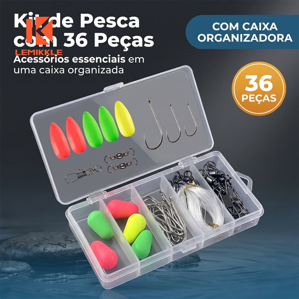 LEMIKKLE - Conjunto 36 Acessórios de Montagem de Linha de Pesca com Estojo Plástico