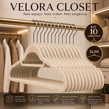 Kit 10 Cabides Veludo Slim Antiderrapante Bege Organizador de Roupas Closet