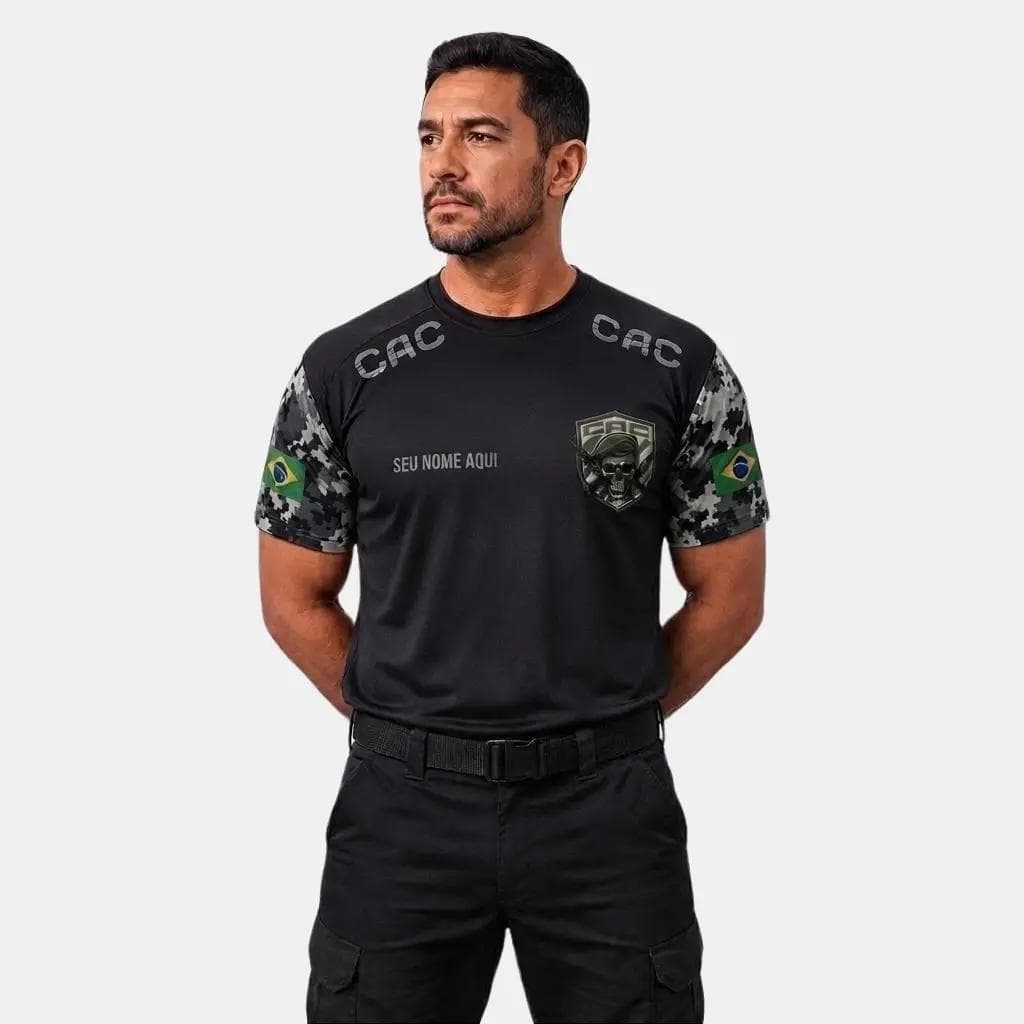 Camiseta CAC Caçador Atirador Dry Fit Manga Curta Personalizada com Nome Masculina Proteção UV