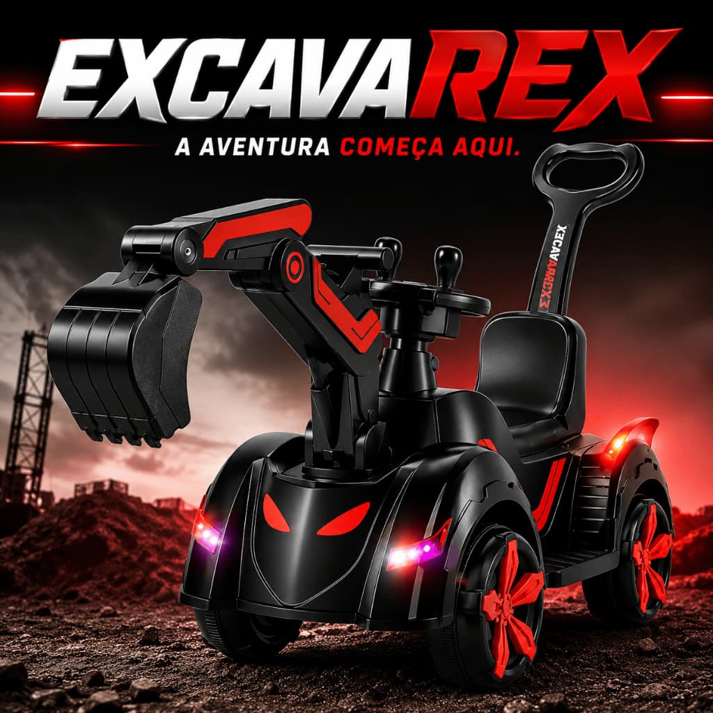 Escavadeira Elétrica Infantil 6V ExcavaRex™ com Pá Móvel, Luzes, Sons e Música, Carrinho Elétrico Infantil