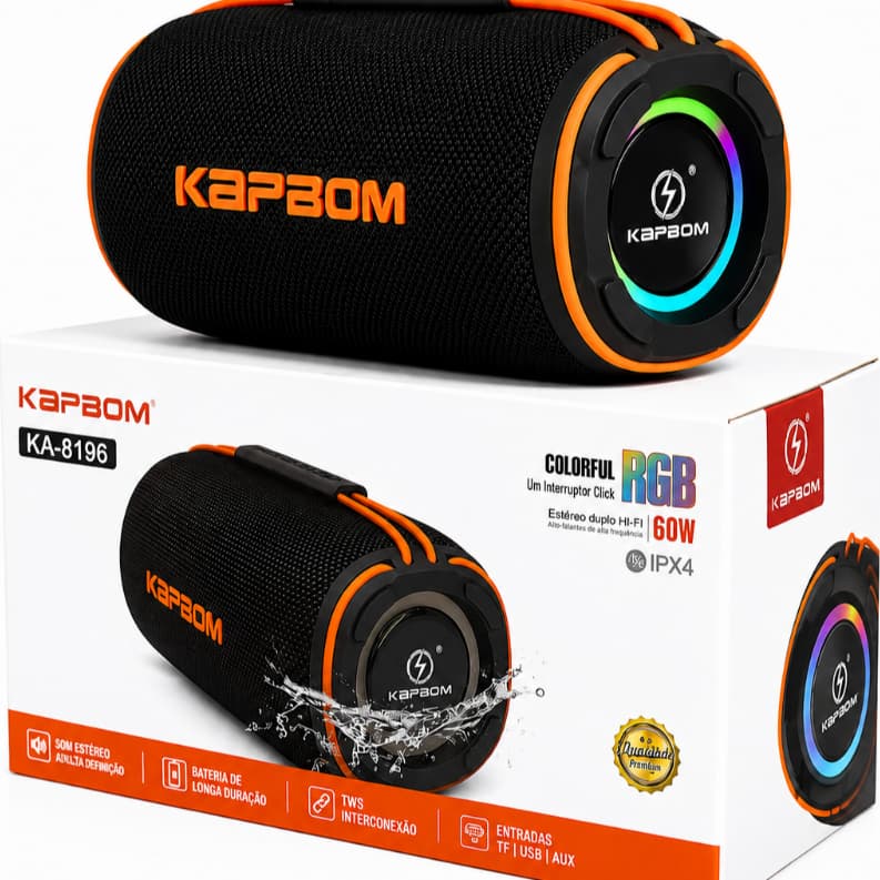 Caixa De Som Kapbom KA-8196 60W  Sem Fio Bluetooth USB FM MICRO SD Potente Portátil Certificada IPX4