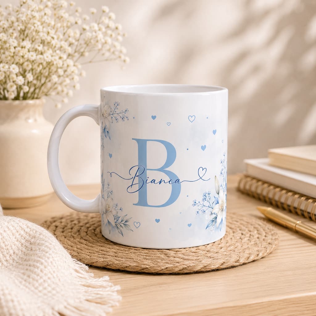 Caneca Personalizada com Nome e Inicial | Caneca de Cerâmica 325ML | Presente Personalizado Delicado