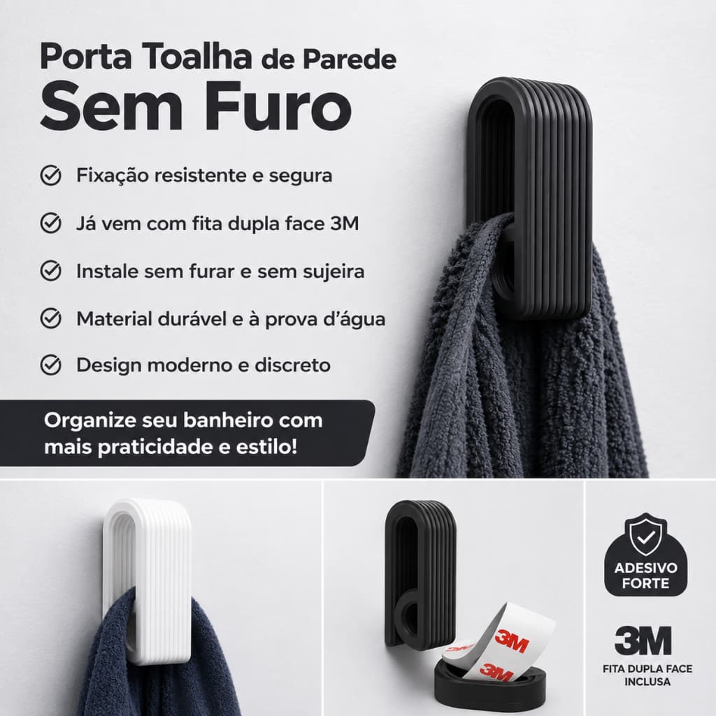 Kit Suporte Porta Toalha Banheiro Gancho Para Toalha De Rosto e Toalha De Banho Fixação Fácil