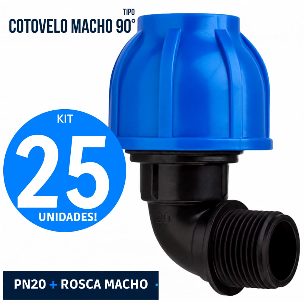 KIT 25 Joelho Cotovelo Macho de Compressão PEAD 20mm x 1/2 PN20 Pietrobon 90 Rosca Macho Tubo PEAD Água Fria Mangueira
