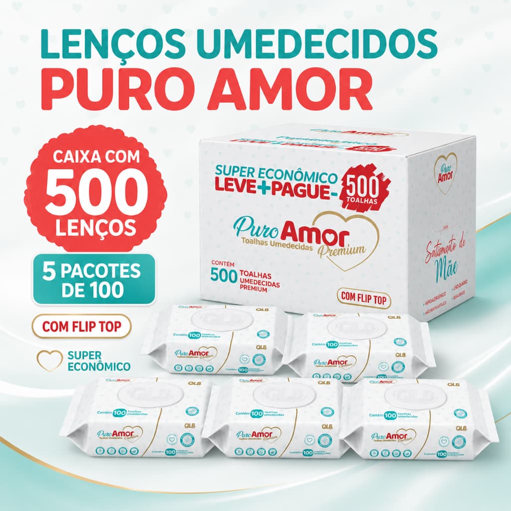 Kit 500 Toalhas Umedecidas Puro Amor Premium - 98% Água