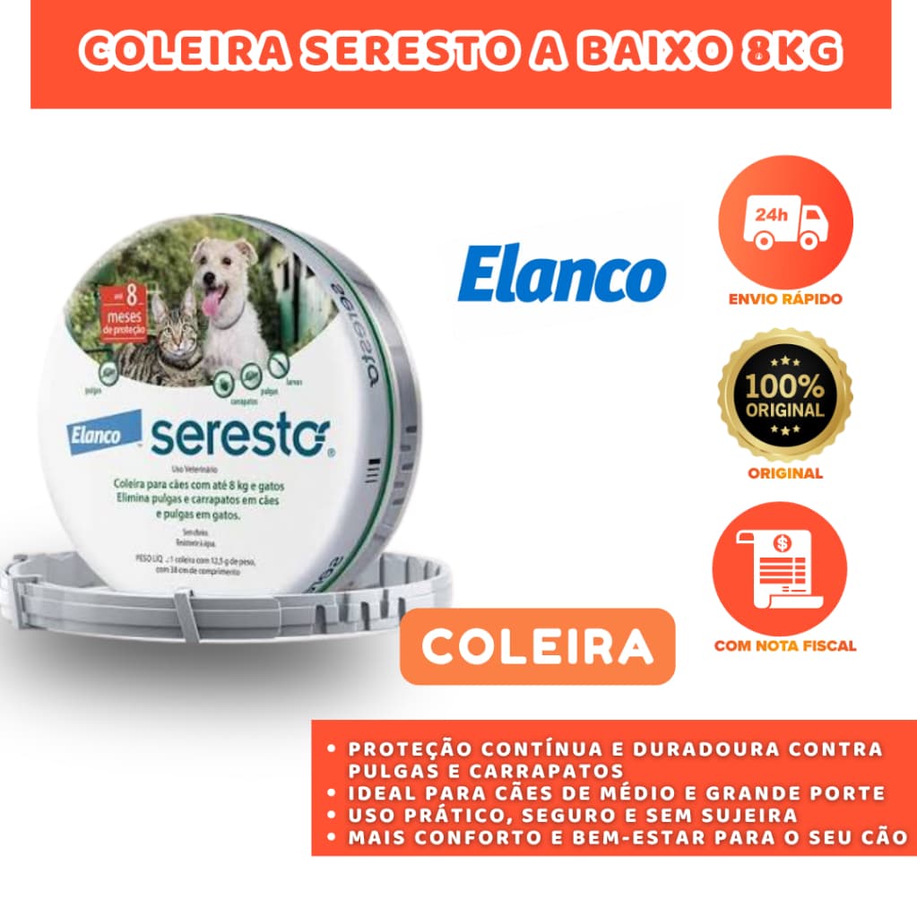 SERESTO COLEIRA ANTIPULGAS E ANTICARRAPATOS PARA CÃES DE ATÉ 8 KG