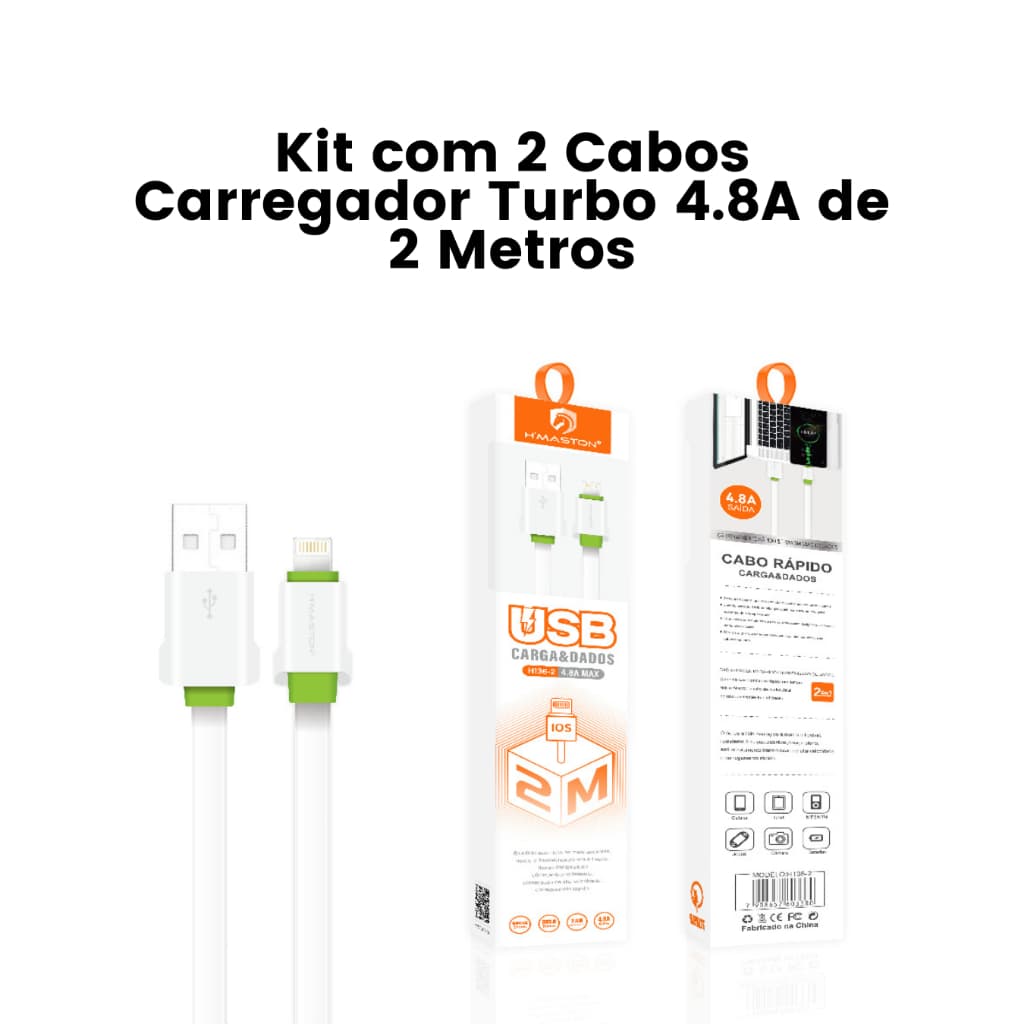 Kit Com 2 Cabos Carregador Turbo 4.8A de Celular Com 2 Metros USB Entrada Lightning Carregamento Dados Computador Câmera
