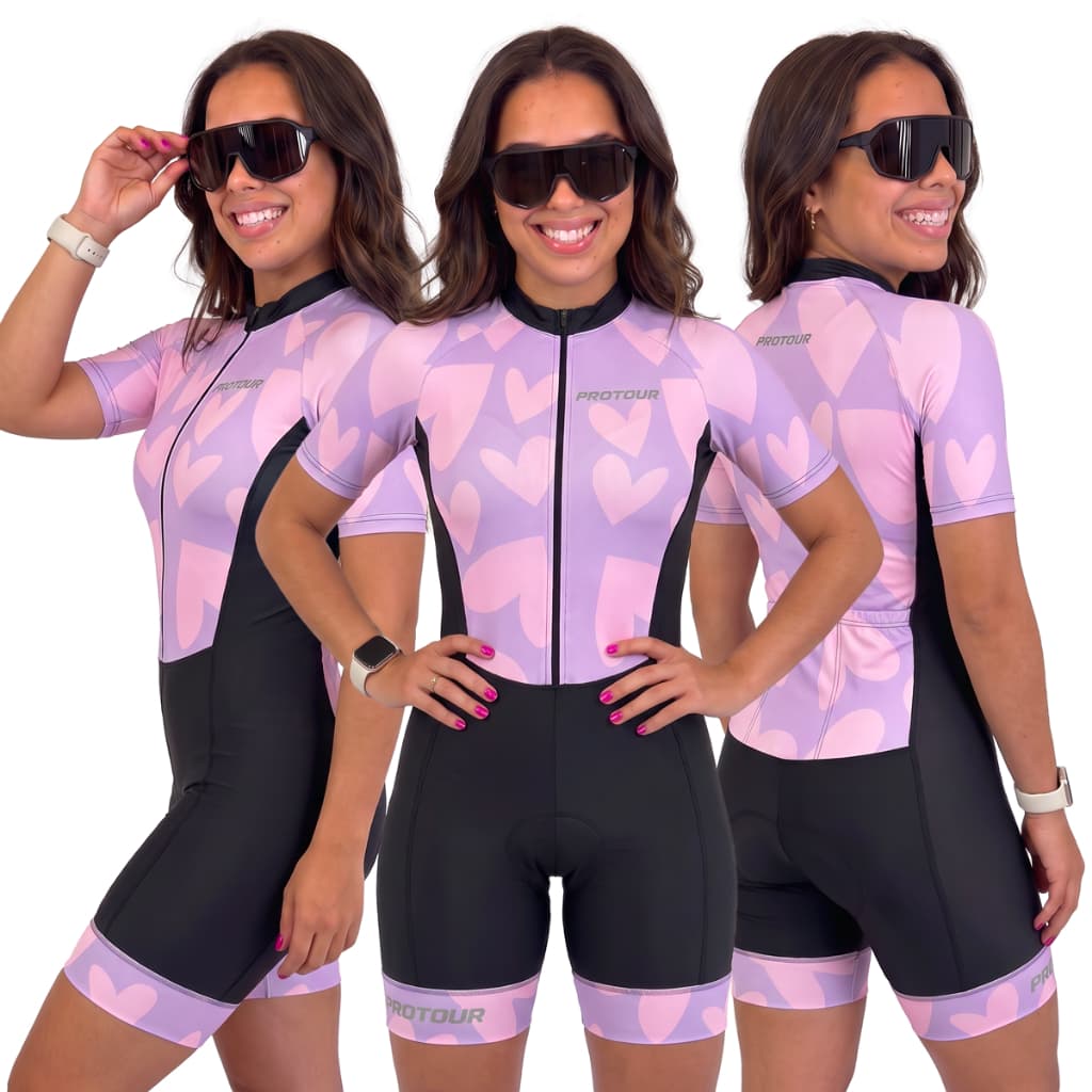 Macaquinho Ciclismo Feminino Profissional Gel Acolchoado UV Proteção MTB Speed Coração Rosa e Lilás Com Bolsos Pro Tour