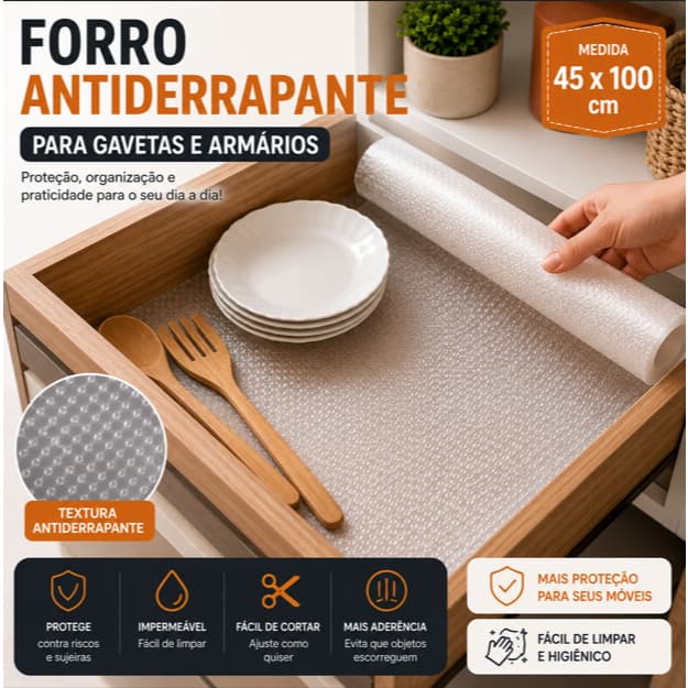 Forro Antiderrapante para Gaveta Armário Geladeira 45x100cm Impermeável Transparente EVA