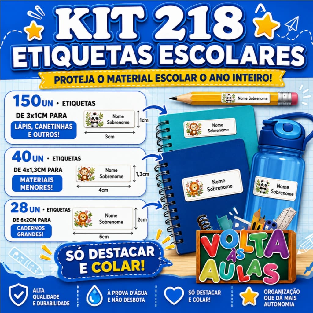 SUPER KIT com 218 Etiquetas Escolares Personalizadas A prova d'água Adesivo Escolar Não desbota