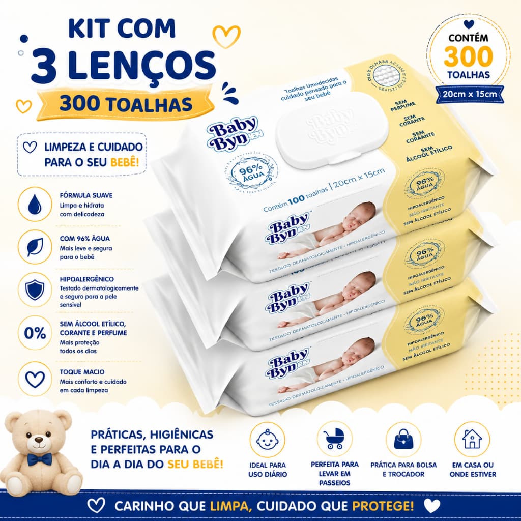Kit 3 Pacotes Lenços Umedecidos Baby Byn RN 300 Unidades Sem Alcool Sem Perfume Hipoalergenica Recem Nascido