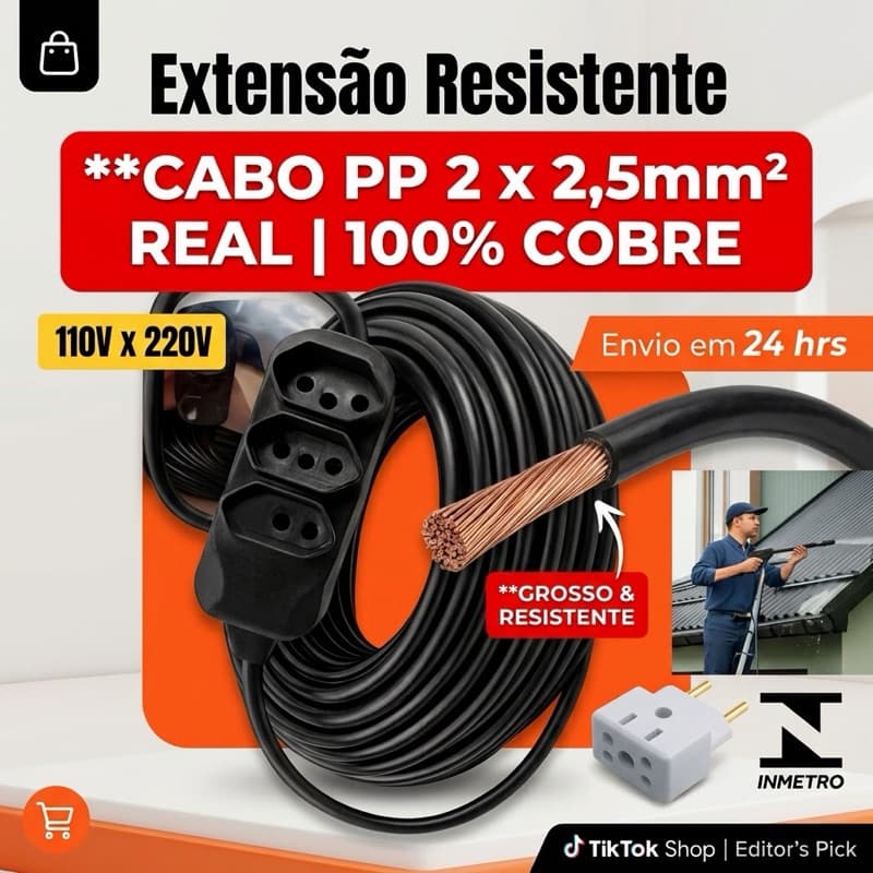 Extensão Elétrica Profissional 2x2,50m Bivolt 30 metros  Cabo PP Tripla Tomada 10A ```