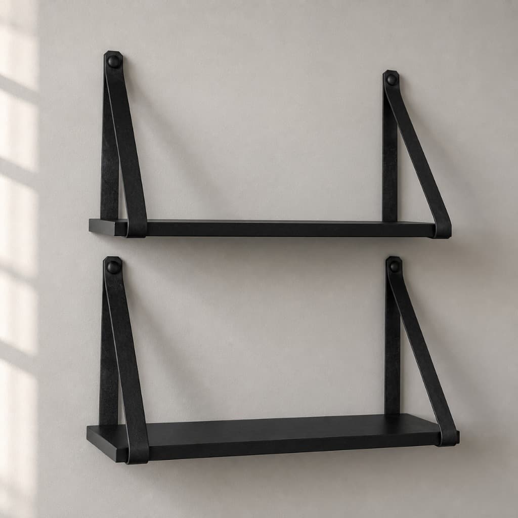 Kit 2 Prateleiras Preta MDF 45x15 Alça Couro Ecológico Preto Suspensa Decoração Parede Quarto Sala Organização Infantil