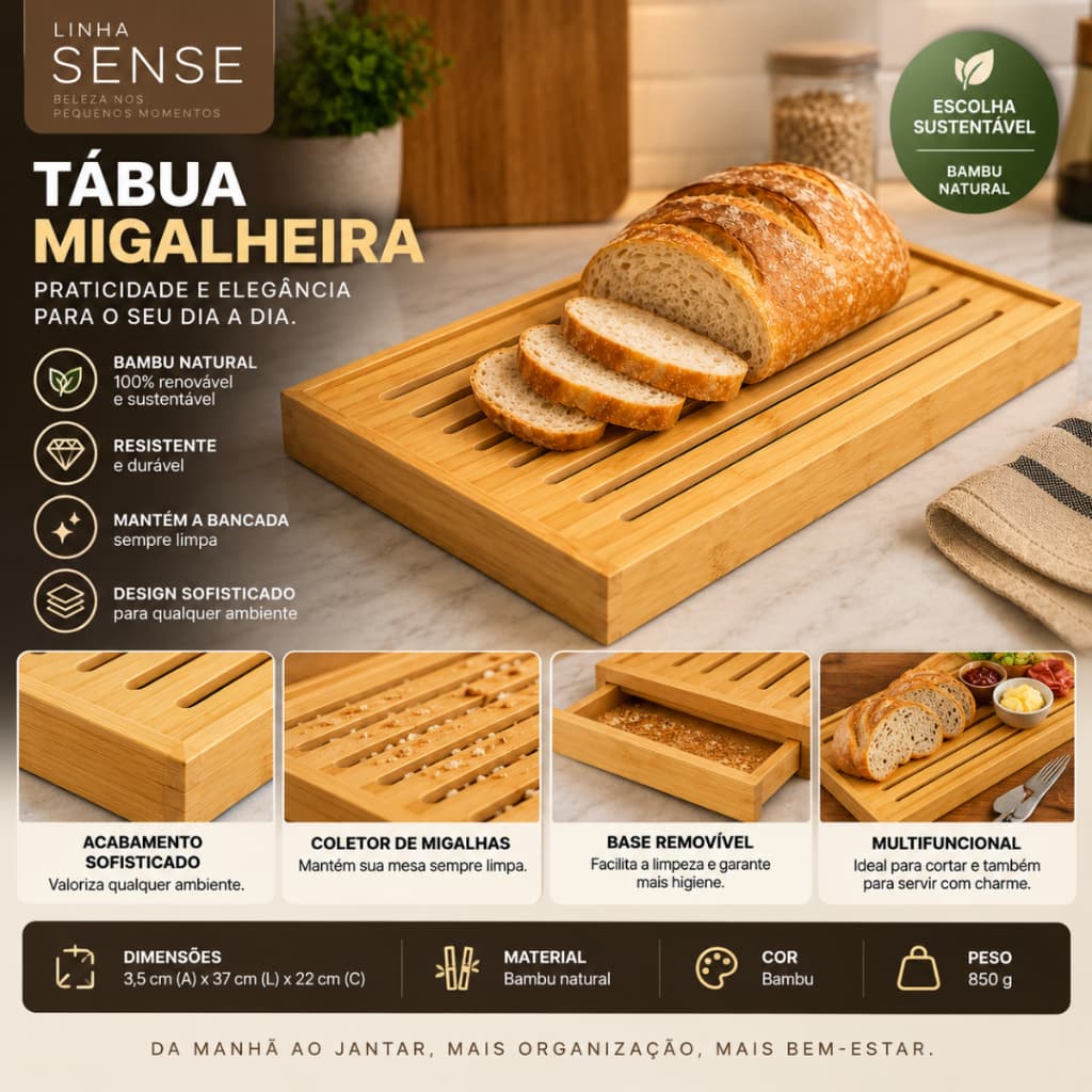 Tábua de Bambu para Pão Migalheira 37cm com Bandeja Coletora de Migalhas para Servir