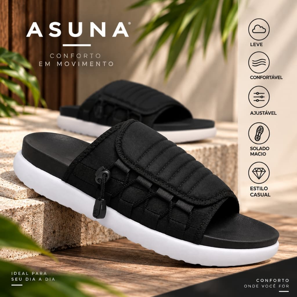 Chinelo Asuna Masculino Slide Confortável Leve Solado Macio Casual Ajustável Para Dia a Dia e Verão