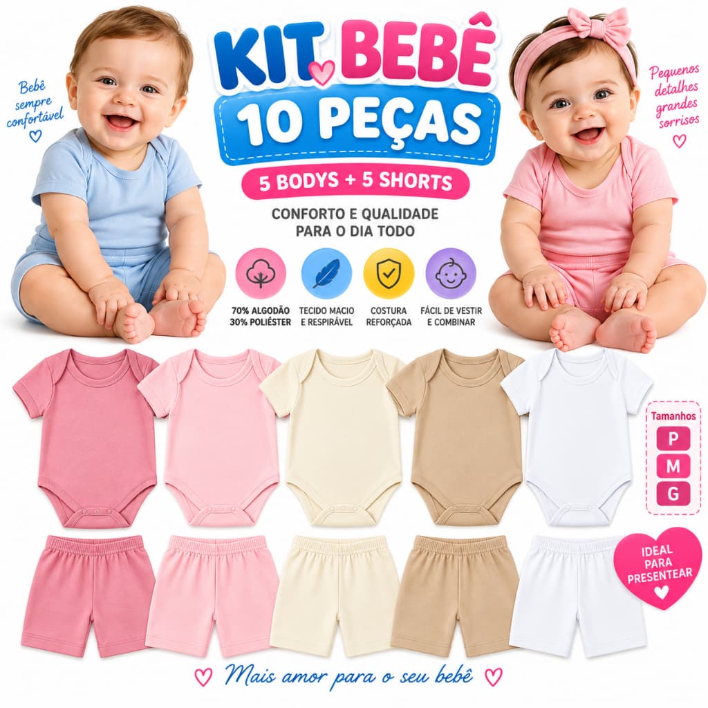 kit 10 peças Body manga curta  + Shortinhos Enxoval  menina e menino para  bebe infantil feminina tapa fralda