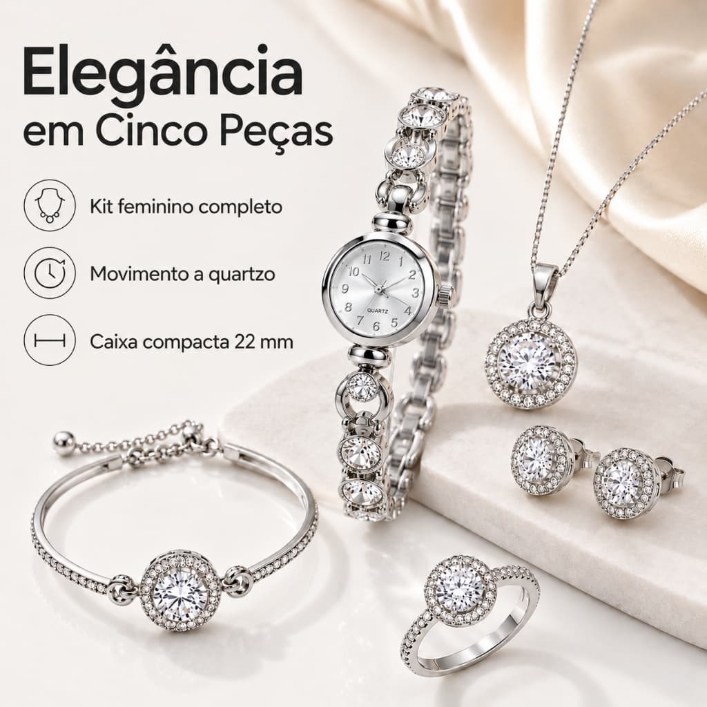 Kit Relógio Feminino Prata 5 Peças com Colar Brincos Anel e Pulseira Mostrador Redondo Analógico Aço Inoxidável Pequeno
