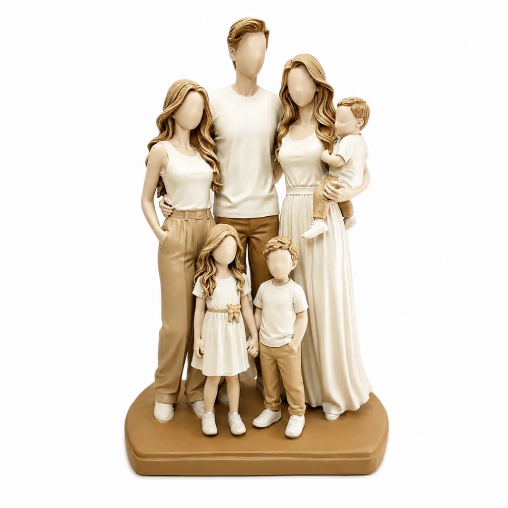 Escultura Familia com 4 Filhos Estatueta Casal c/ 2 meninas e 2 meninos