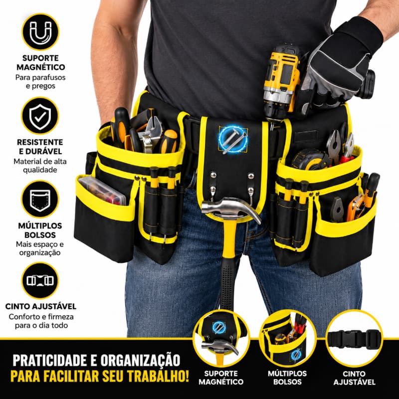 Bolsa Cinto Porta Ferramentas Magnético Multiuso Nylon Resistente para Eletricista Reparo e Manutenção