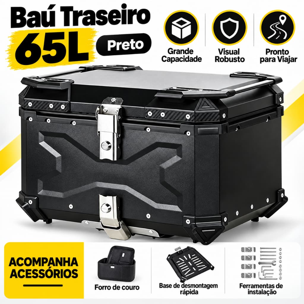 Baú Traseiro Alumínio Universal Moto 45L/55L/65L, À Prova D'água Anti‑Roubo Base Rápida, Cabe Capacete Viagem