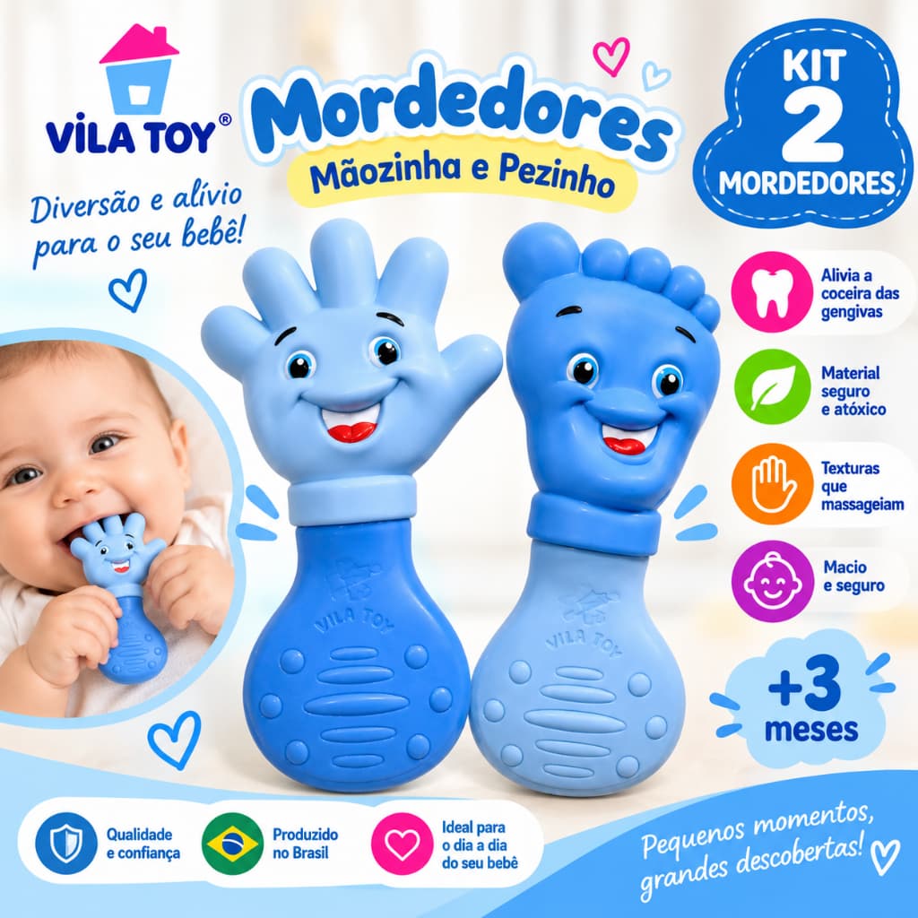 Kit Mordedores Vila Toy – Mãozinha e Pezinho em Silicone – Alívio para Gengiva (2 Unidades)