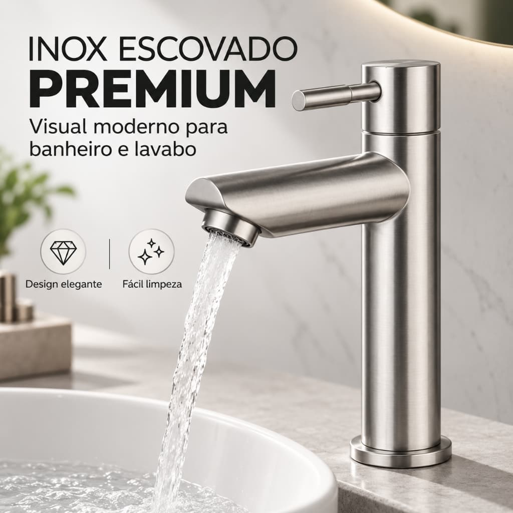 Torneira Banheiro Lavabo Inox 304 Escovado Bica Baixa 1/2 Agua Fria 1/4 Volta