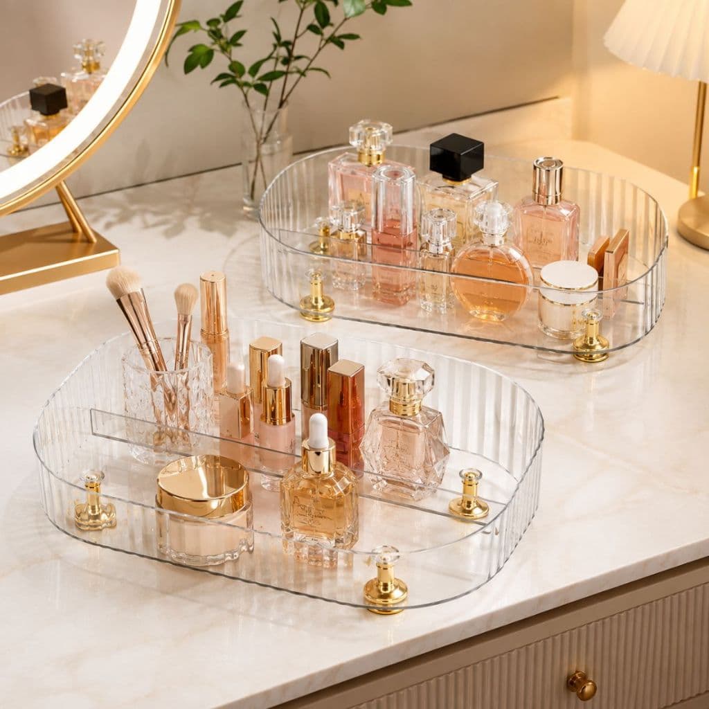 Kit 2 Organizador de Maquiagem Acrílico Transparente Cesto Multiuso Pés Dourados