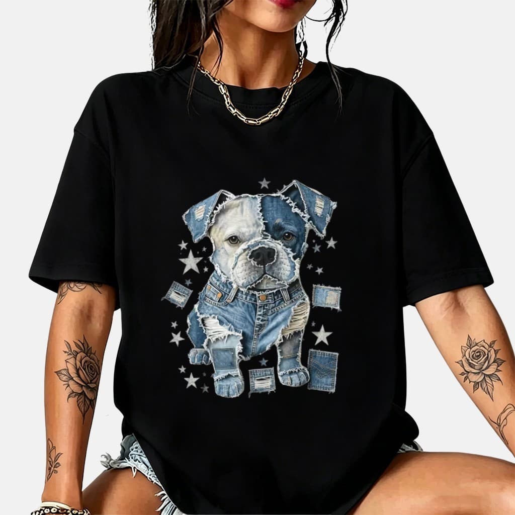 Camiseta Oversized Feminina 100% Algodão Estampa Cachorro Bulldog Jeans Desgastado, Camisa Fofa de Animal