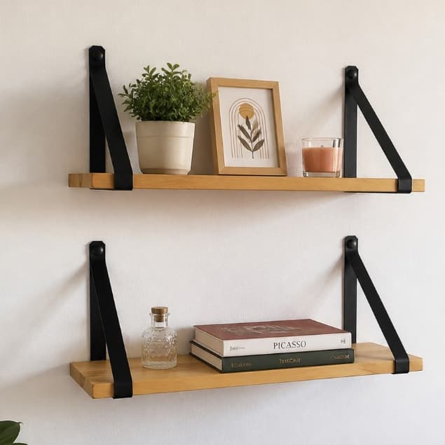 Kit 2 Prateleiras Madeira Pinus 45x15 Alça Couro Ecológico Preto Suspensa Decoração Parede Sala Rústica Industrial Nicho