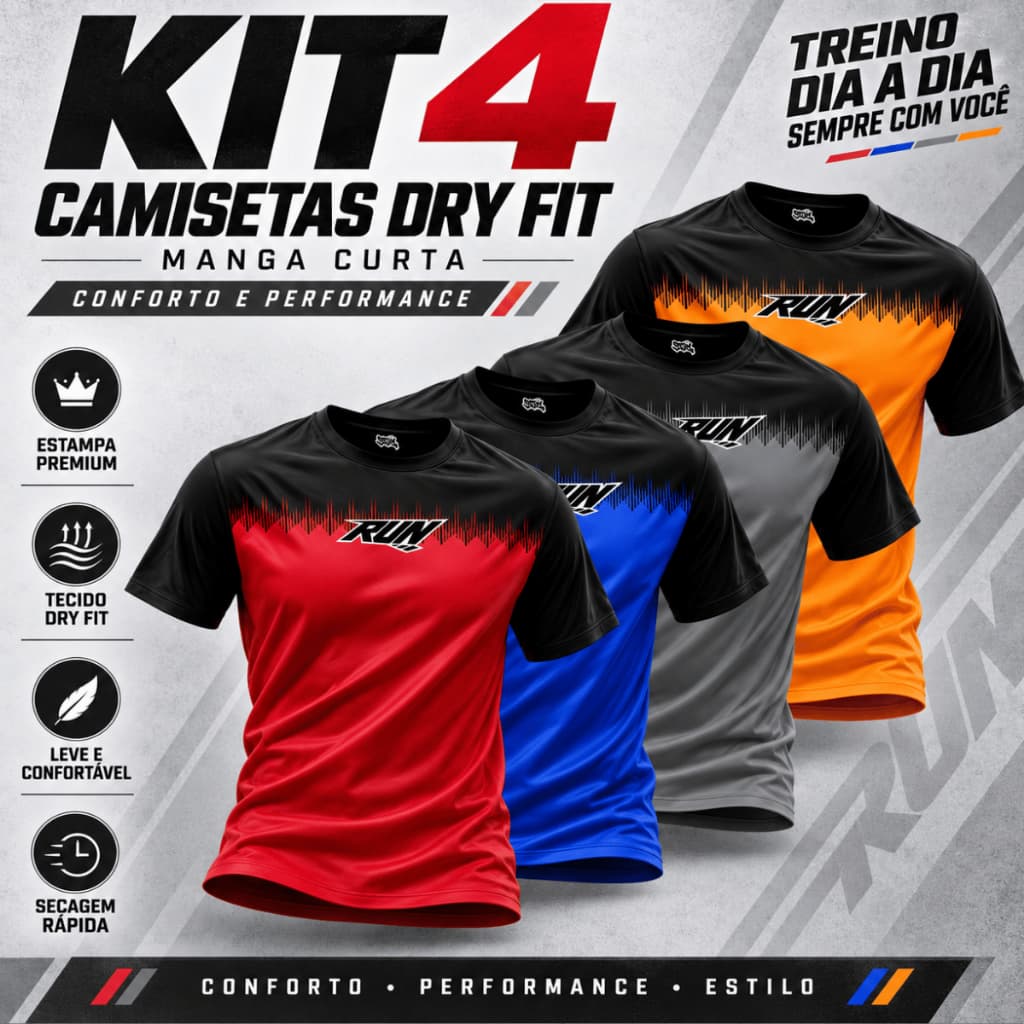 KIT 4 Camisetas Masculina Dry Fit Camisa Esportiva Cross Fit Musculação Academia Treino Corrida