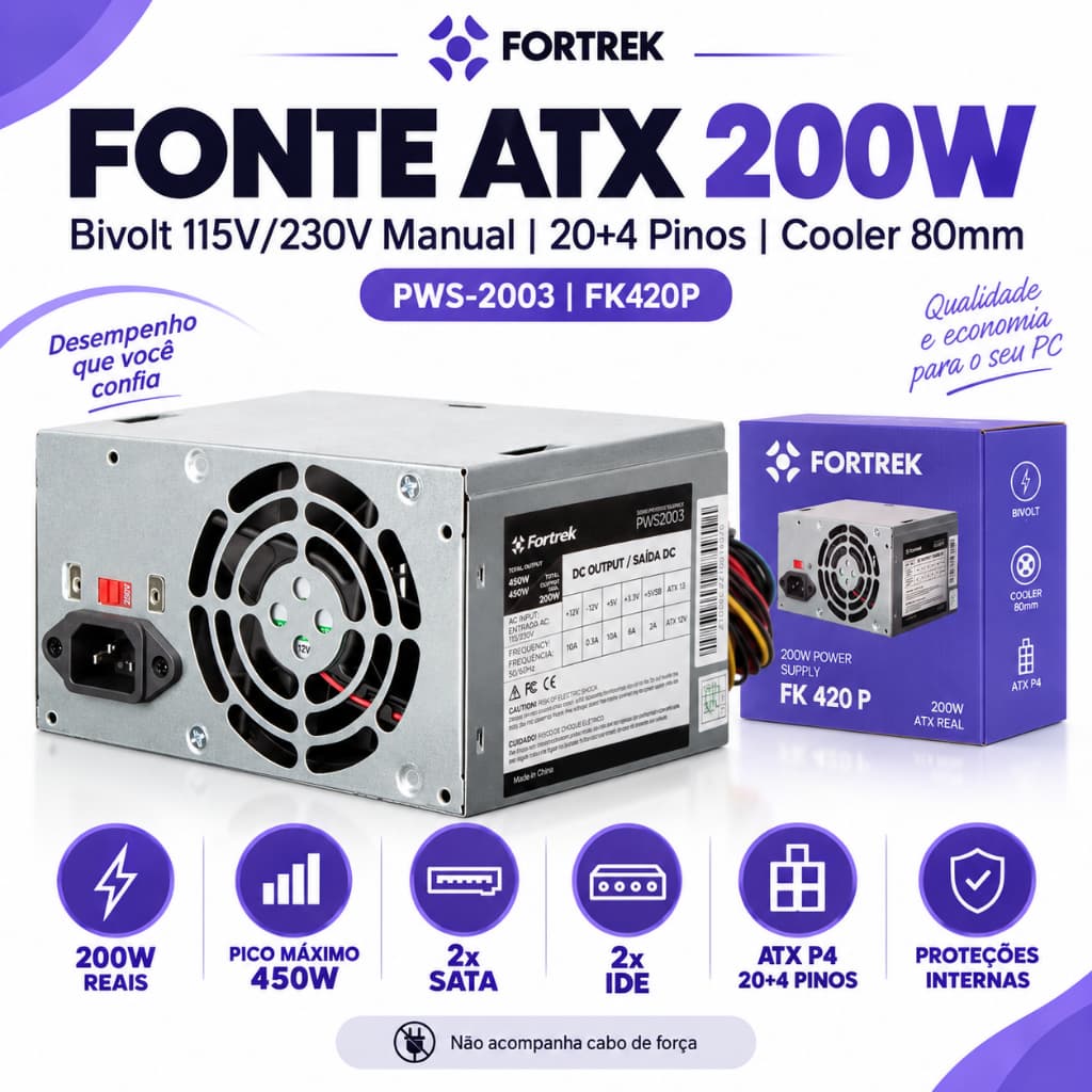 Fonte Atx 200w Reais 20+4 Pinos Para Pc Computador  - Fortrek