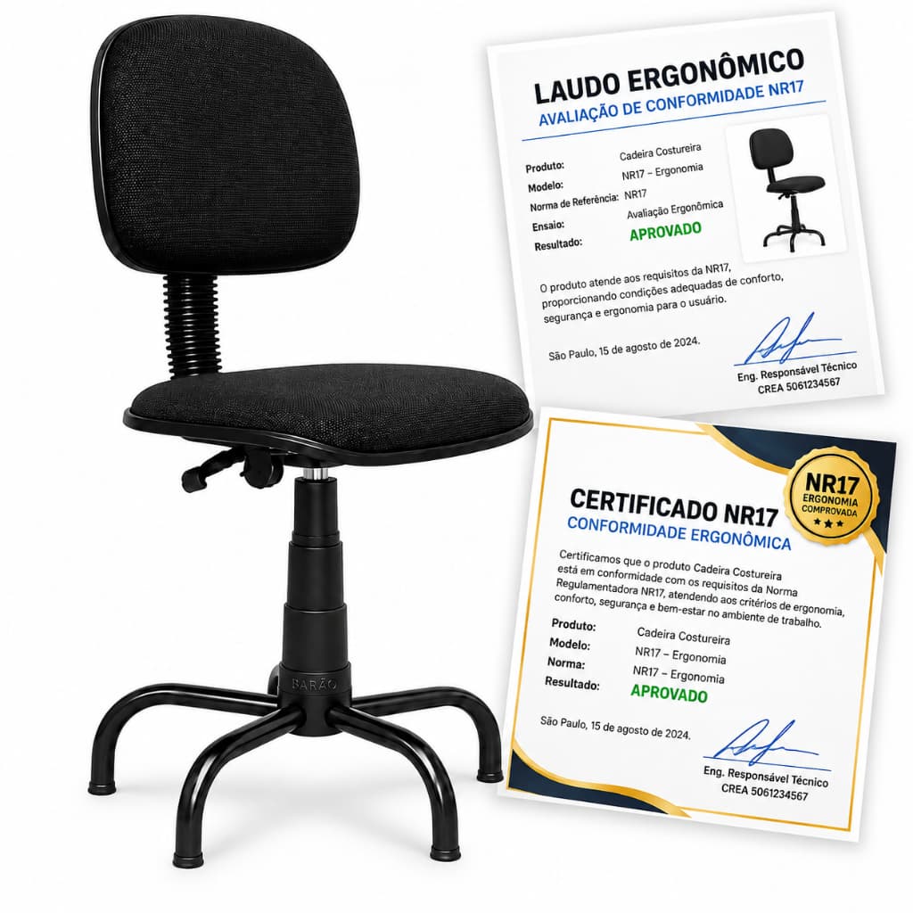 CADEIRA COSTUREIRA ERGONÔMICA NR17 – COM LAUDO E CERTIFICADO / FABRICAÇÃO PRÓPRIA