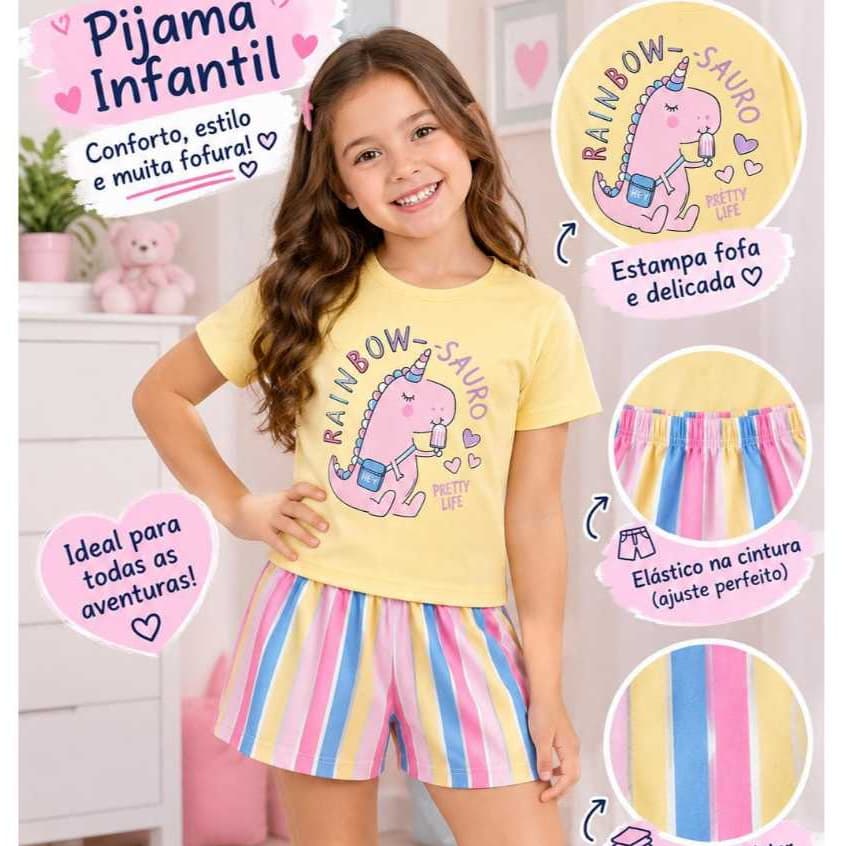 Conjunto pijama infantil verão menina tema Dinossauro amarelo tamanho 1 ao 8 shorts + blusa manga curta confortavel