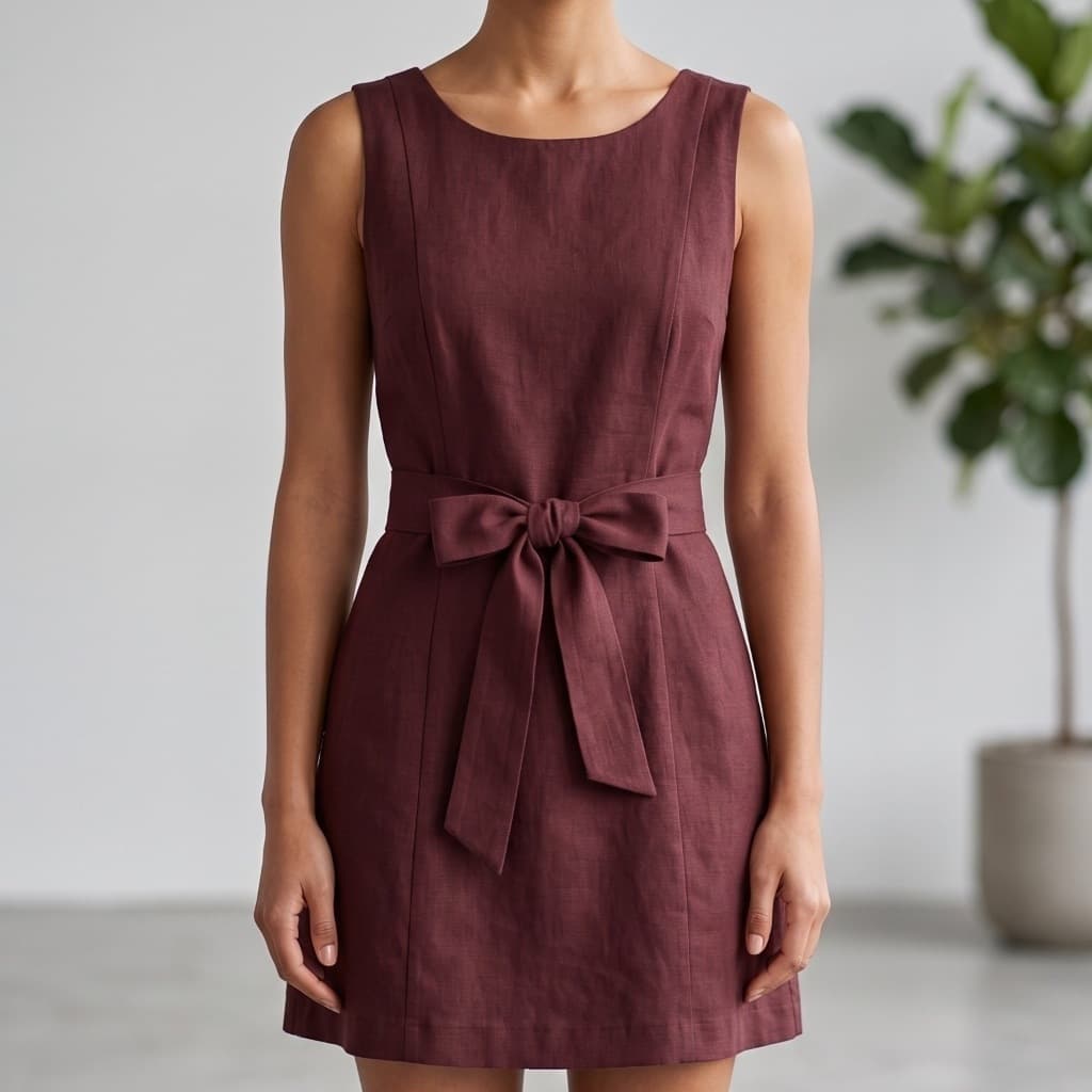 Vestido Curto Feminino Alfaiataria Laço na Cintura Sem Manga Gola Redonda Social Trabalho Elegante