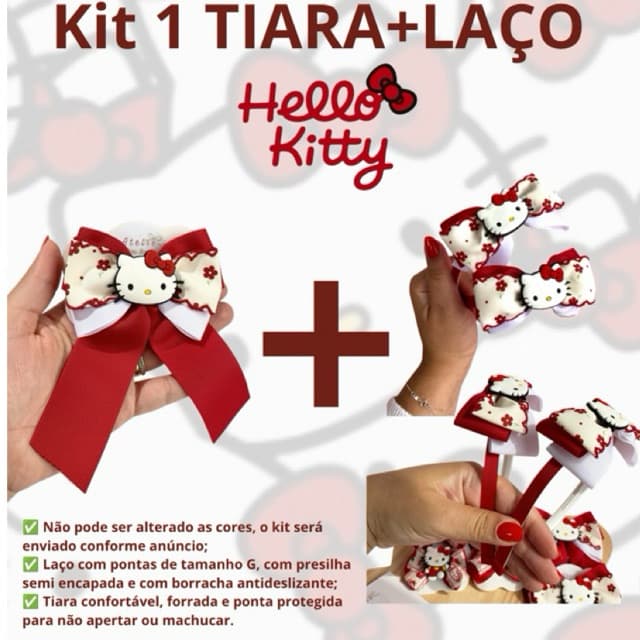 kit com 1 tiara e 1 laço com pontas Hello Kitty, laço de menina, laço infantil, laço para menina, infantil, feito à mão
