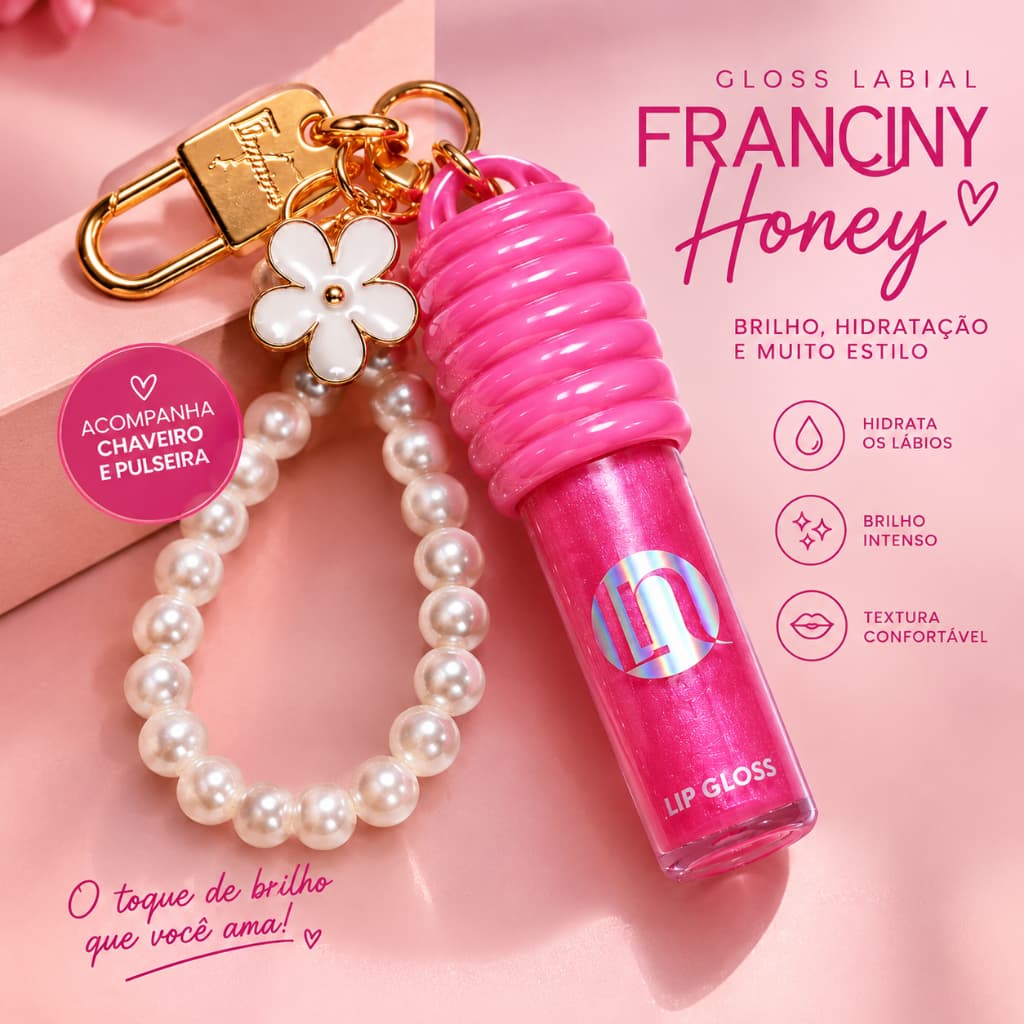 Lip gloss fran honey labial com brilho com chaveiro pulseira gloss labial gloss brilhante brilho labial