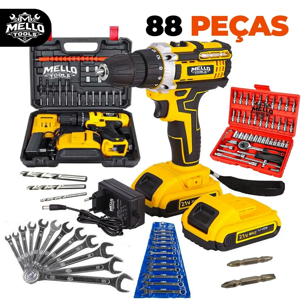 Jogo kit Ferramentas com 88 Peças Parafusadeira/Furadeira e Martelete Sem Fio 21V + Kit Jogo Soquete + Jogo chave fixa