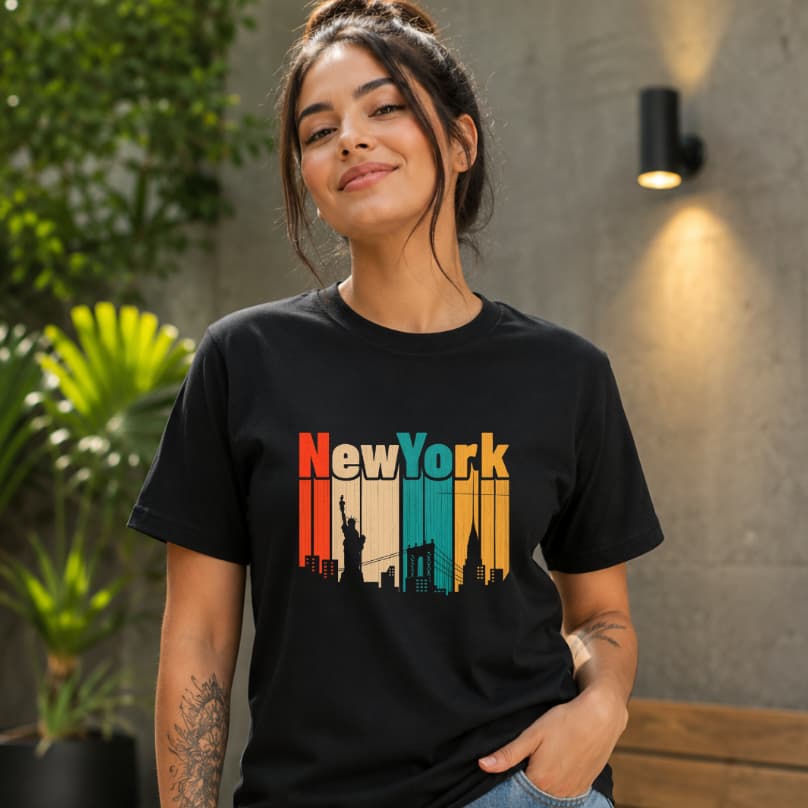 Camiseta Feminina Estampa New York Colorida Casual Básica Manga Curta