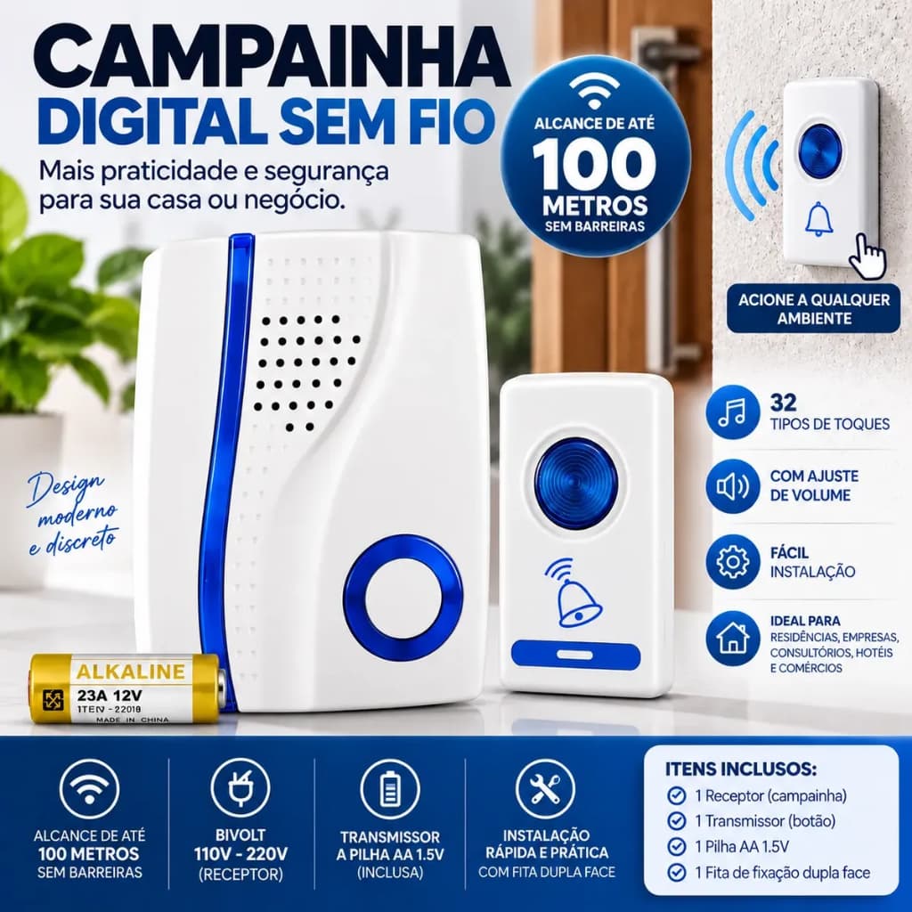 Campainha Interfone Sem Fio A Prova D'água 100m Residencial Comercial