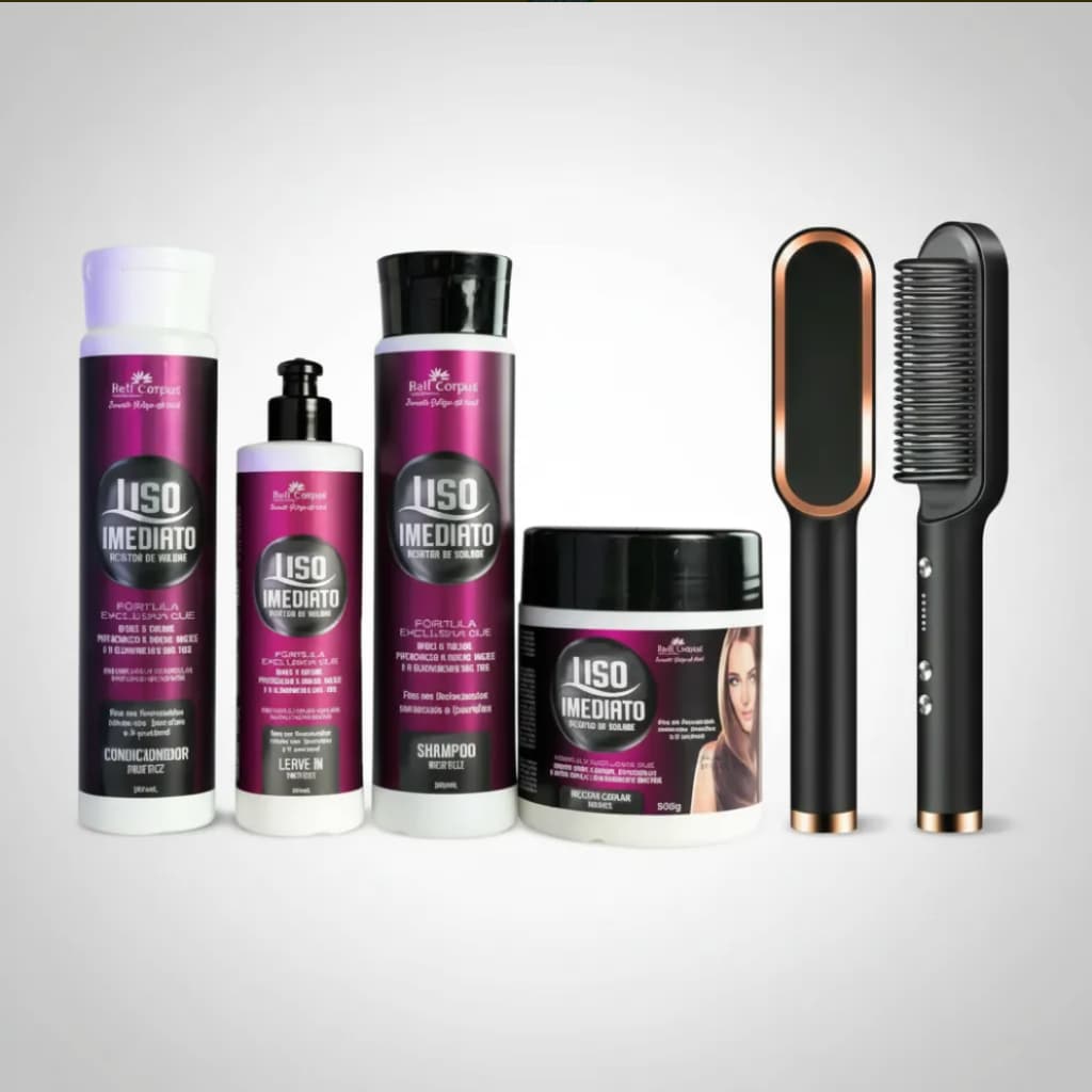 Kit Liso Imediato Redutor de Volume com Escova Pente Alisadora | Alisamento rápido, controle de frizz e volume