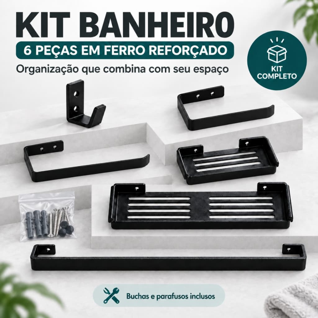 Kit Banheiro 6 Peças Organizador Parede Toalheiro Porta Papel Higiênico Prateleira Shampoo Preto