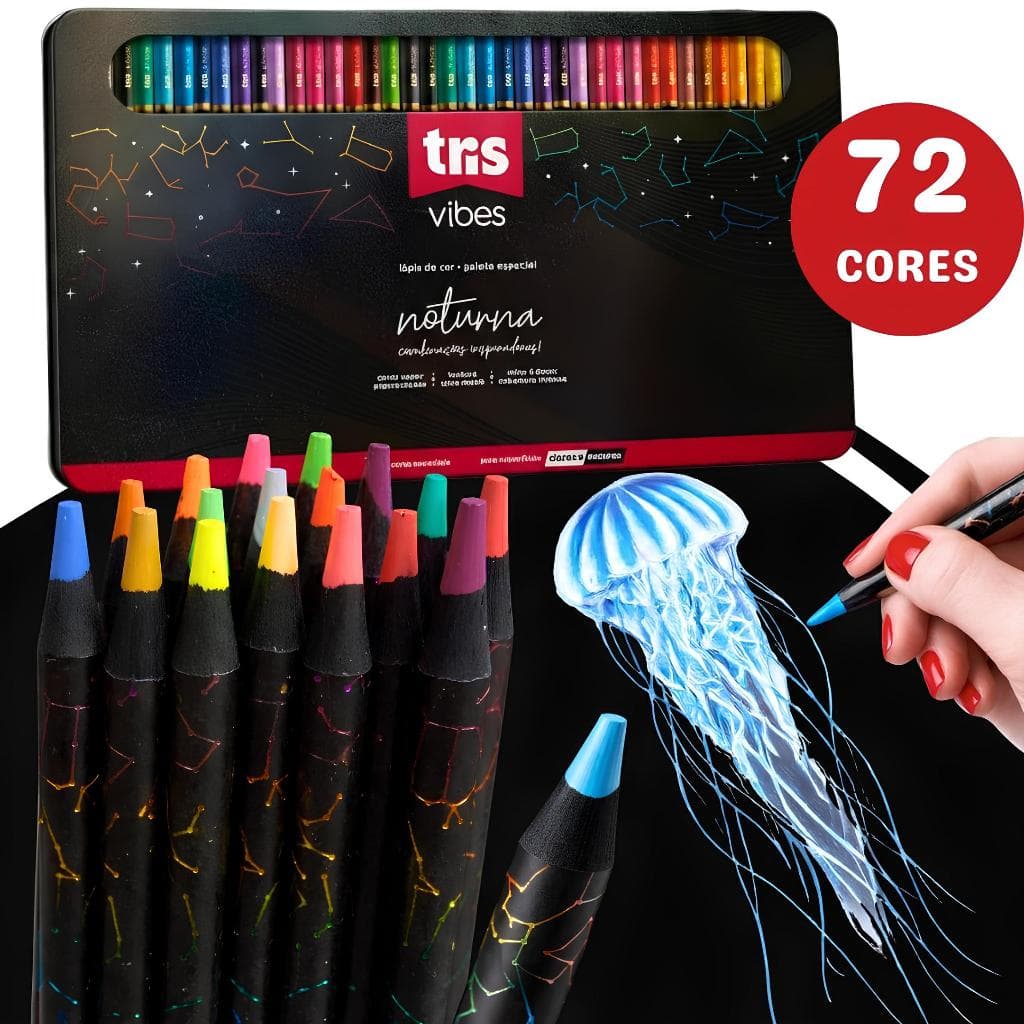 Lápis de Cor Tris Vibes Noturna 72 Cores Alta Pigmentação Estilo Carbon Line Estojo em Lata Papel Claro e Escuro