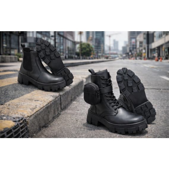 Bota Coturno Feminina Preta Tratorada Cano Médio Com Bag Lateral e Bota Feminina Cano Baixo de Borracha