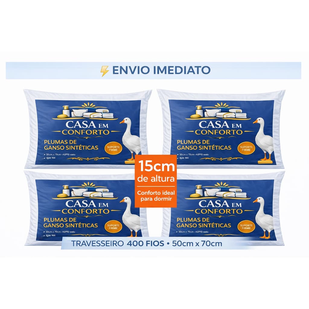 Kit 4 Travesseiros Toque de Pluma 50x70 Percal 400 Fios Firme Confortável Antialérgico Fibra Siliconada Padrão  De Hotel