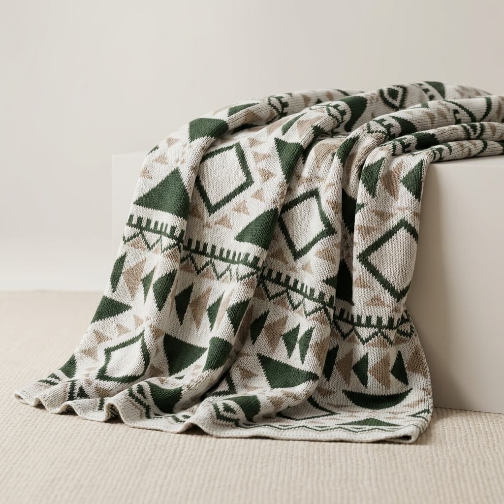 Manta para Sofá de Tricot Poltrona Decoração 150x95cm padrão Geométrico Design Asteca Bege Verde e Bege Escuro Tricô