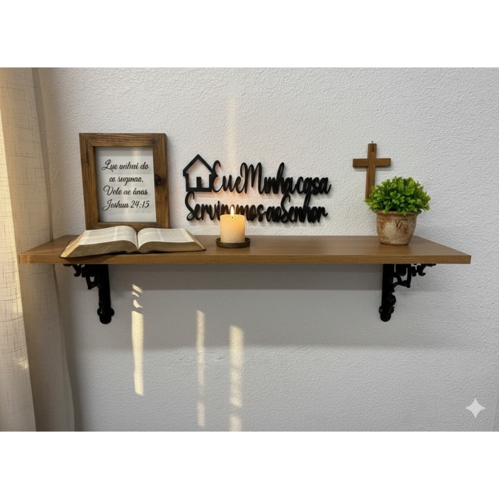 Prateleira Cantinho da Oração Completa 60cm + Suporte + Frase 3D “Eu e Minha Casa Serviremos ao Senhor” | Mini Altar par