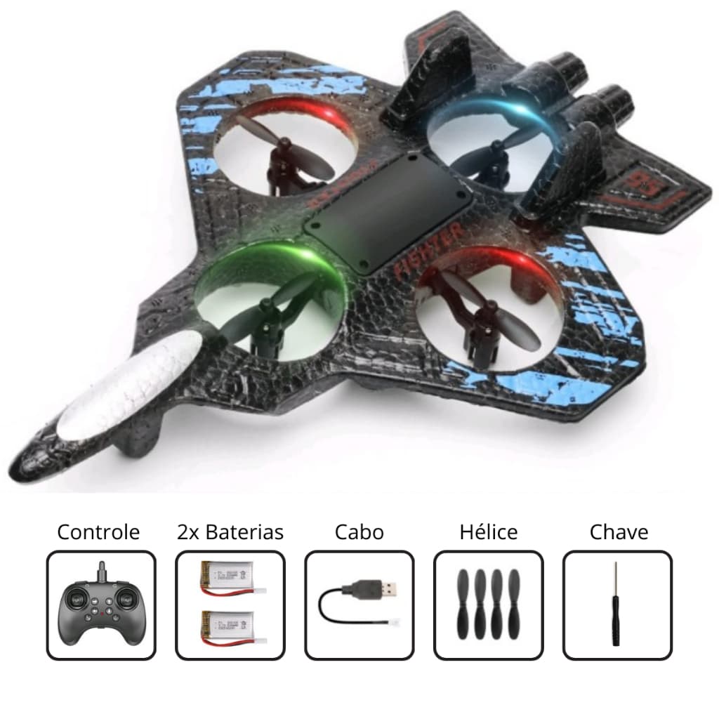 Avião Drone Combate Aircraft Controle Remoto 2.4GHz 4 Motores Anticolisão com Luz LED 2 Baterias Recarregável Resistente