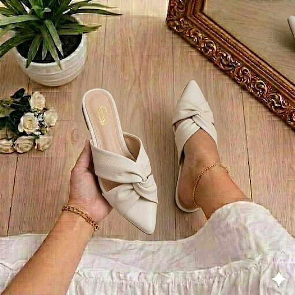 Rasteirinha Feminina Chinelo Confortável Luxo Off-white Elegante Sapato Feminino Rasteira Bico Fino