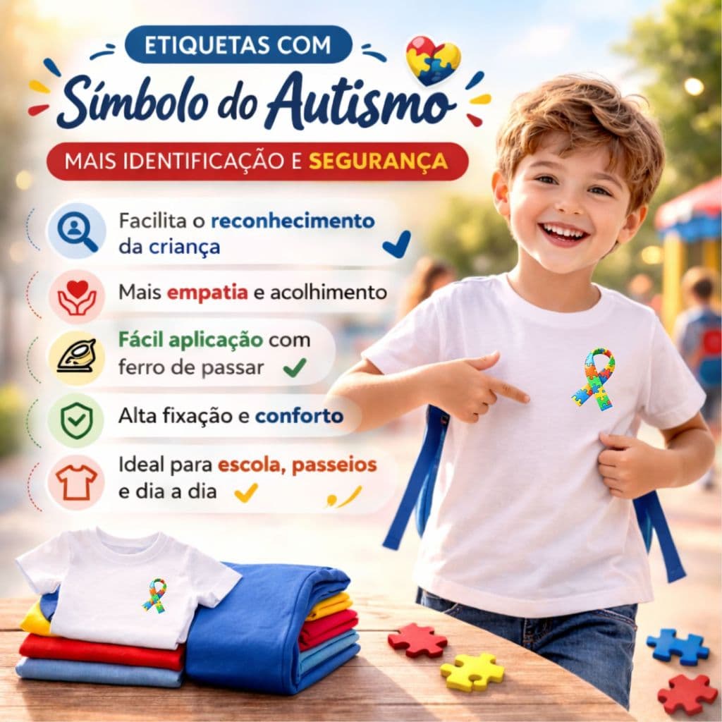 Etiquetas Termocolantes com Símbolo do Autismo | Identificação Infantil | Aplicação Fácil com Ferro de Passar Inclusão