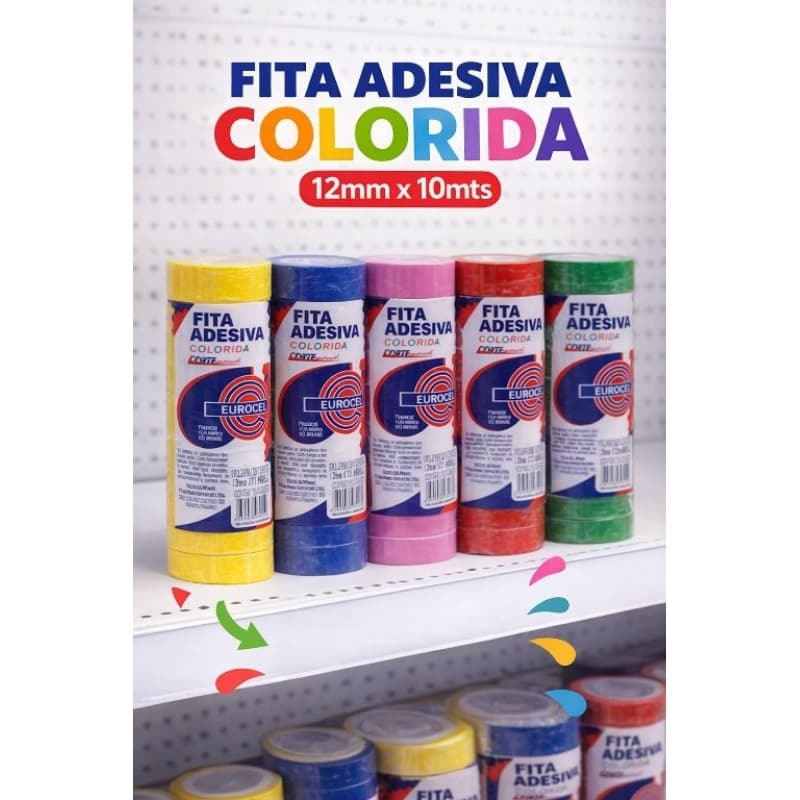 Kit Fita adesiva color c/10 Eurocel disponível nas cores AZ/VM/VD/AM/RS/PT/BC
